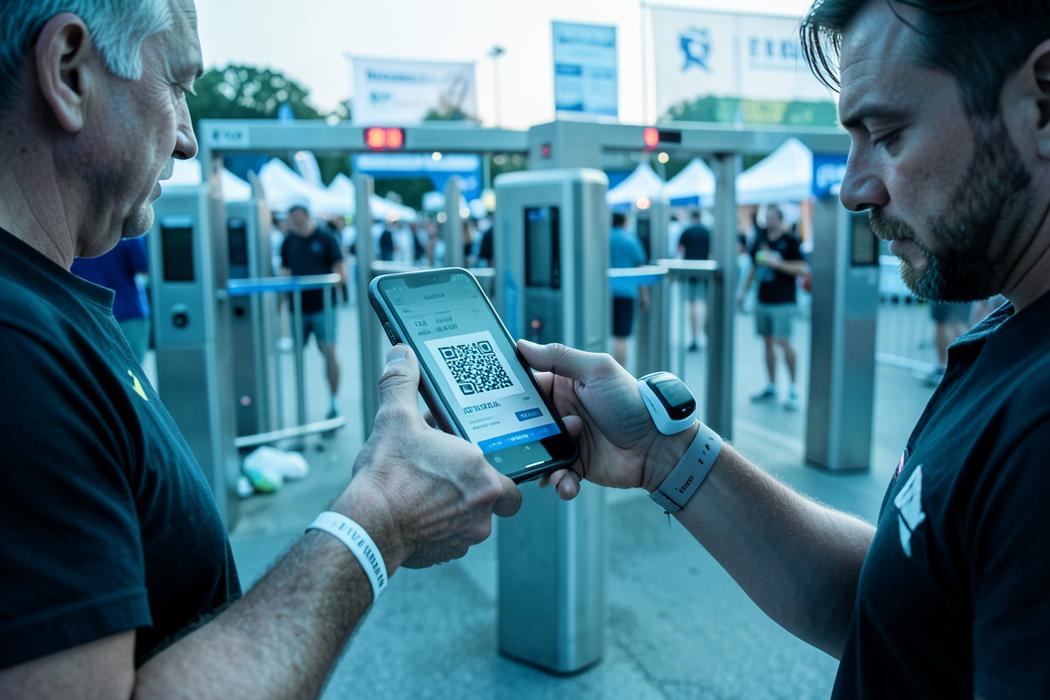 Validação de bilhete QR numa entrada de festival com torniquetes