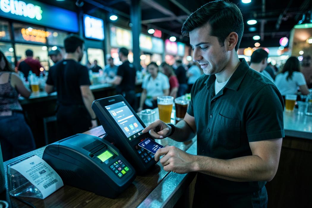 Terminal POS cashless num bar de festival com pagamento contactless